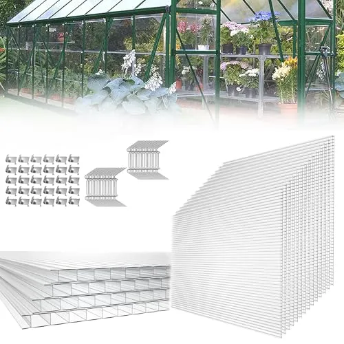 HENGMEI 14x Polycarbonat Doppelstegplatten 4mm Hohlkammerstegplatten10,25 m² UV-beständigen Stegplatten für Gewächshaus, Garten Treibhaus - Transparent
