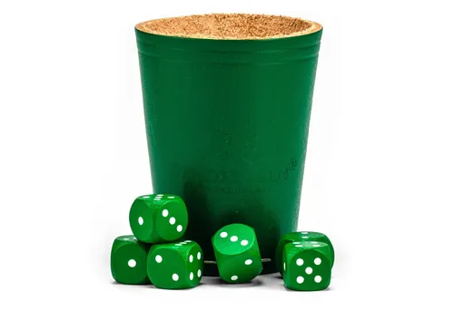 Waldfelsen Spiel – Echtleder Würfelbecher (9 cm) mit 6 Würfeln (16 mm) aus Buchenholz, Würfelspiel, Verschiedene Farben