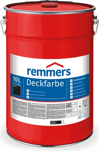 Remmers Holzfarbe Deckfarbe 10,0l - Wetterfest, Schwarz für Innen & Außen - Farben: Hochdeckende, wasserbasierte Holzfarbe für innen und außen. Wetterfest, feuchtigkeitsregulierend und geeignet für Kinderspielzeug. Reichweite von ca. 10 qm/l.