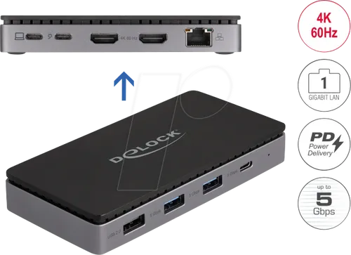DELOCK 88271 - Dockingstation/PortReplicator, USB 3.2 Gen 1, USB-C - Weiteres Notebook-Zubehör mit Multi-Stream Transport (MST) für erweiterte Desktop-Konfiguration und bis zu 85 Watt USB Power Delivery zum gleichzeitigen Laden und Nutzen mehrerer Geräte.