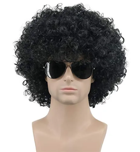 karlery Herren und Damen Afro Kurz Lockige Schwarz Perücke 70er 80er Jahre Rocker Kalifornien Halloween Kostüm Cosplay Party Perücke