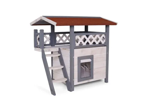 lionto Katzenhaus mit Terrasse und Treppe - Katzenhöhlen & -häuser, stilvolle Outdoor Lodge aus robustem Holz mit überdachter Veranda für gemütliche Ruheplätze und optimalen Wetterschutz.