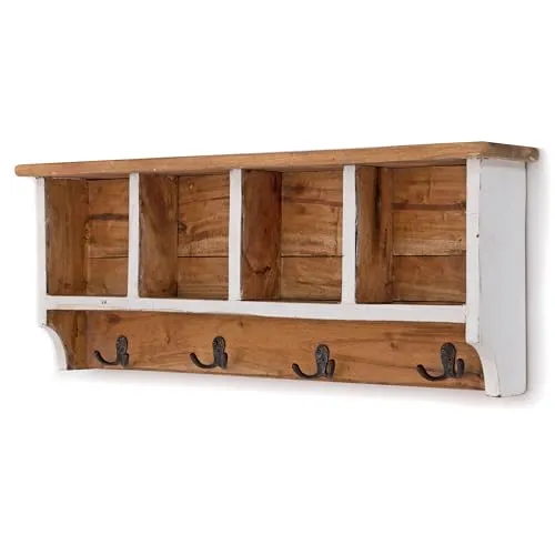 DESIGN DELIGHTS RUSTIKALE WANDGARDEROBE MIT Regal Vintage 70 | 70x27x11cm (BxHxT), Recyclingholz | Kleiderhaken, Garderobenleiste aus Altholz, Used-Look | Farbe: 06 weiß-Landhaus
