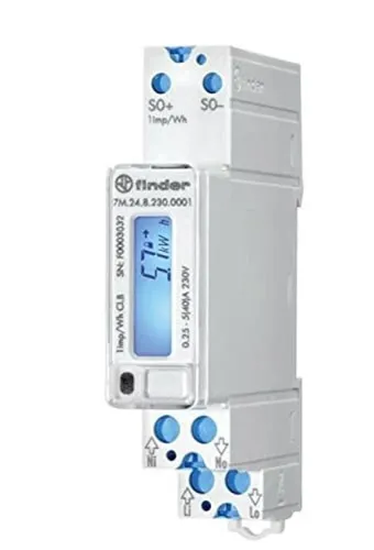 Finder 7M. 24.8.230.0001 Energiezähler - Energiezähler für 1-Phasen Wechselstrom mit 7-stelliger LCD-Anzeige, ideal für präzise Verbrauchsmessung und einfache Installation auf Tragschiene.