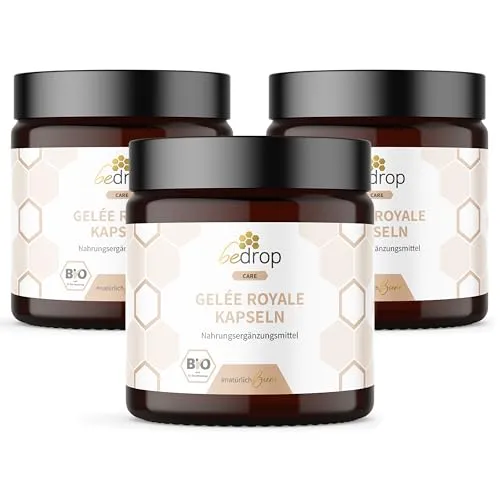 bedrop | Gelée Royale Kapseln Bio Qualität 3x 60 Kapseln (180 Kapseln), 1 Kapsel = 980 mg pures Gelee Royal, 10-HDA Gehalt <4,8%, Reich an Polyphenole & Flavonoide