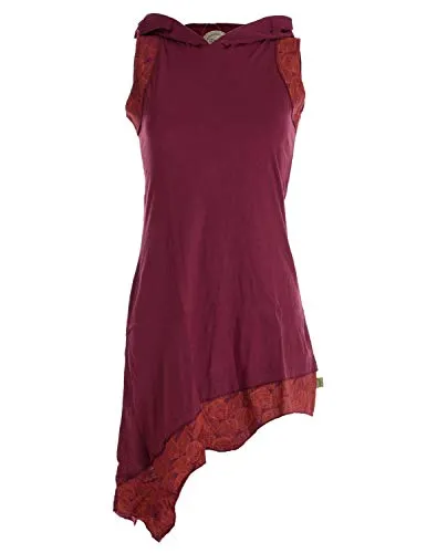 Vishes Damen Elfenkleid Dunkelrot mit Zipfelkapuze - Bequemes asymmetrisches Kleid aus Baumwolle im Lagenlook, blickdicht und perfekt für den Sommer. Gesamtlänge: 73 bis 84 cm. Pflegeleicht, nur Handwäsche.