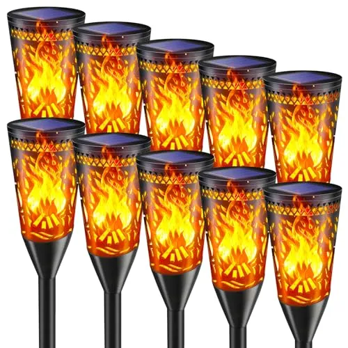 FIFlying Solarlampen für Außen Garten, 2 Modi Solarfackeln mit Flammeneffekt für Halloween Dekoration, IP65 Wasserdicht, Flackernde Solarlichter für Weg,Terrasse, Rasendeko-10 Stück