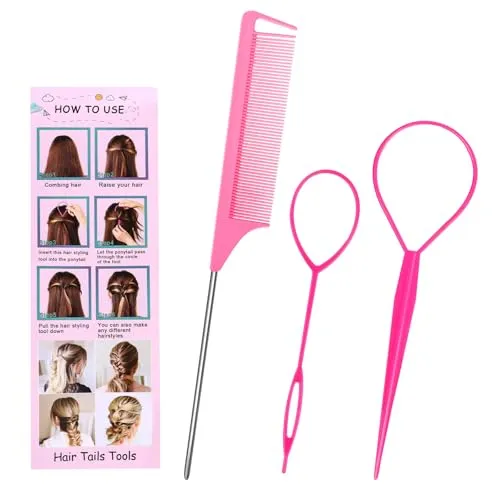 Stück Haar Tail Twister Band, Frisurenhilfe Zopfhalter, Dutt Styler Haartwister, Hair twister, Rattenschwanzkamm, Frisuren zubehör haare flechten für Frauen Mädchen (Rosa) 3