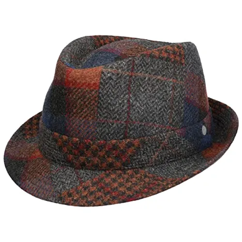 LIERYS Merino Trilby Fedora Hut - Temperaturregulierend & UV-Schutz - Eleganter Merino Trilby-Hut im Karo-Patchwork-Design, hergestellt in Italien. Ideal für Damen und Herren, bietet er ganzjährigen Komfort und natürlichen UV-Schutz.