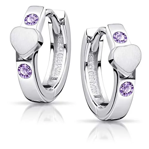 Materia Kinder Ohrringe Creolen Silber 925 - Zirkonia Herz SO-391-Violett - Ohrringe für Mädchen aus rhodiniertem 925 Sterling Silber mit funkelnden Zirkonia. Klappverschlüsse bieten hohen Tragekomfort. Perfekt als Geschenk zu besonderen Anlässen!