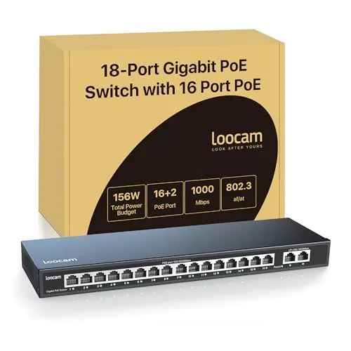 Loocam 16 Port Gigabit PoE Switch - Netzwerk-Switch mit 16 PoE+ Ports, 156W Gesamtleistung und automatischer PoE-Wiederherstellung für zuverlässige Übertragung bis zu 250m, ideal für Sicherheits- und Kommunikationssysteme.