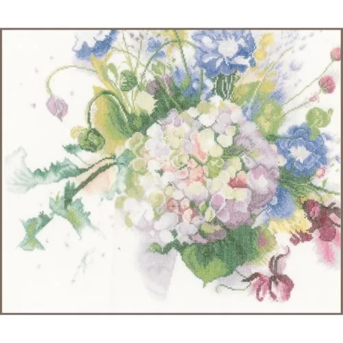 Lanarte Kreativset Hortensie Kreuzstichpackung - Kreativkästen: Einsteigerfreundliches Set mit 100% Leinenstoff, DMC-Garn und klaren Anleitungen für ein wunderschönes 40x33 cm großes Motiv.