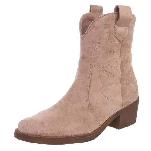 Ital-Design Cowboy-Stiefel aus Kunstleder mit Blockabsatz in Beige/Braun (89938103) - Stylische Stiefeletten mit 5 cm Blockabsatz und spitzer Schuhspitze. Ideal für modische Auftritte und bequem im Alltag. Perfekte Kombination aus Eleganz und Komfort!