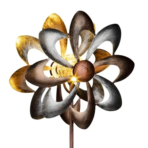 Metall Doppel Windrad mit Solar LED Glaskugel - Ø 23 cm - Windspiele für den Garten mit warmweißer Beleuchtung, wetterfest und modern, ideal als Deko Gartenstecker für stimmungsvolle Akzente.