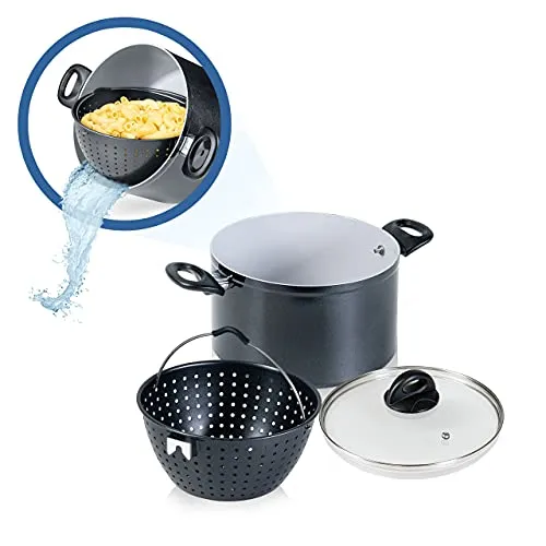 Genius Cerafit Magic Pot Kochtopf-Set 24cm - Kochtöpfe mit innovativer Keramikbeschichtung für fettfreies Kochen, inklusive Siebeinsatz und Glasdeckel für einfaches Abgießen und Servieren, geeignet für alle Herdarten.