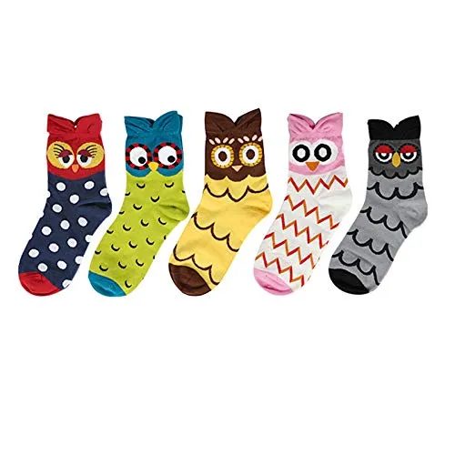 iPobie 5 Paar Baumwolle Socken, Damen süße Interessante Tier Charakter Eule Bunte Neuheit Crew Socken