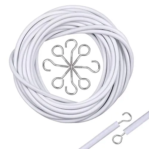 Disino Vorhang Drahtseil Set, Vorhangdraht 5M Vorhangseile Weiß Curtain Wire mit 10 Stück Ösen und 10 Stück Haken für Gardinenstangen