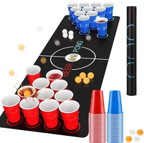 Bierpong Becher Set, Trinkspiel Tisch Matte Set, Beerpong Partybecher Enthält 32 Becher (500ML) +8 Tischtennisbälle+Tischmatte, Wiederverwendbare, Für Party Trinkspiele Camping Geburtstag Hochzeit