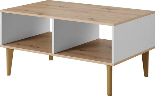 BERGEN Bank, WEISS, Skandinavischer Stil, Couchtisch, 100x60x48, Sofatisch, Couchtisch, Beine aus Buchenholz natur Artisan eiche