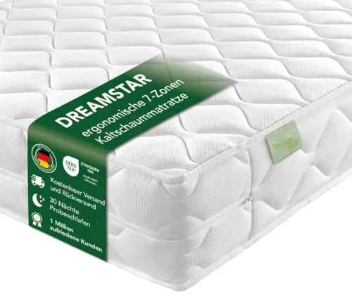 DREAMSTAR Ergo Flex Duo 7-Zonen Kaltschaummatratze 80x200 cm - Ergonomische Wendematratze mit zwei Härtegraden (H2 & H3) und 7-Zonen Kaltschaumkern für optimale Anpassung an den Körper. Ideal für jeden Schlaftyp und Hausstauballergiker, Bezug waschbar bei 60°C.