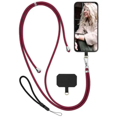 moex Unleash für HMD Skyline Handyband zum Umhängen ohne Hülle, Handykette Universal mit Karabiner, Handy Band abnehmbar, Kette mit Pad für Handyhülle, Rot, Silber