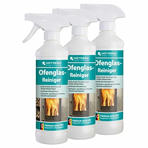 HOTREGA® Kaminscheibenreiniger 3x 500ml - Effektiver Ofenglasreiniger - Sofort einsatzbereiter Flüssigreiniger für streifenfreie Reinigung von Glas, Edelstahl und Keramik. Entfernt mühelos Schmutz und Ablagerungen. Ideal für Kaminscheiben und Ofenscheiben.
