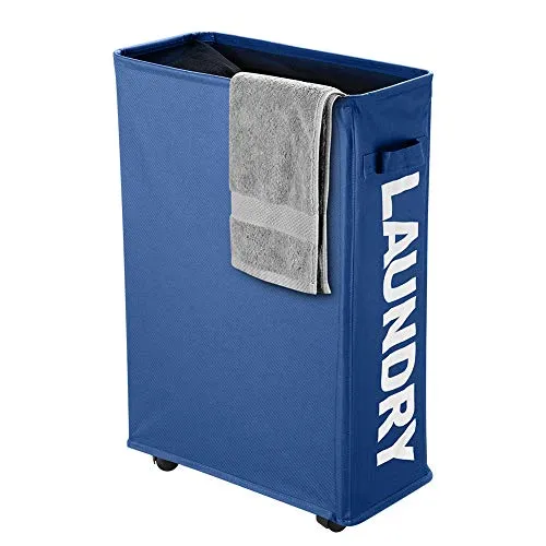 IHOMAGIC Wäschesammler mit Rollen, Wäschekorb Schmal für kleine Nischen - Faltbarer Wäschetonne mit Griff, Rechteckiger Platzsparender Wäschebox 600D Stoff für Bad Wäscheraum 39X18,5X58cm, Dunkelblau
