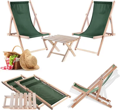 KADAX Klapptisch mit 2 Liegestühlen – Dunkelgrün, platzsparender Gartentisch