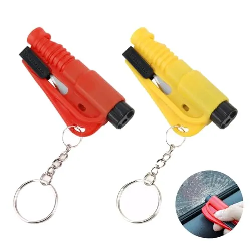 Meifiyu 2 Stück Gurtschneider Notfallhammer, Notfallhammer Auto, Nothammer Auto, Auto-Sicherheits-Schlüsselanhänger, 3 in 1– Notfall-Glasbrecher, Gurtschneider, Notfallpfeife (Rot + Gelb)