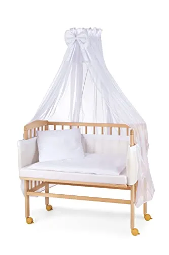 Waldin Baby Beistellbett mit Matratze und Stoffen, Höhen-verstellbar, Große Liegefläche 90x55cm, Holz Natur, Weiß