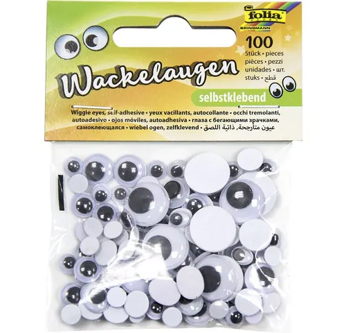 folia 7519 - Selbstklebende Wackelaugen, 100 Stück in 6 Größen, ideal für kreative Bastelprojekte und lebendige Figuren
