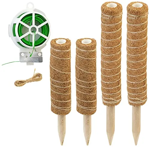 Royal Gardineer Pflanzenpfähle: 4er-Set Rankhilfen aus Kokosfaser & Holz, 2x40 cm, 2x30 cm, Juteschnur (Pflanzenstützstab, Kletterpflanzen-Stütze, Töpfe)