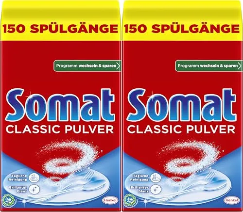 Somat Classic Pulver-Reiniger 300WL (2x 150WL), Spülmaschinenreiniger für die tägliche Reinigung, entfernt hartnäckigste Flecken bei jeden Spülgang, schonend für die Umwelt, 2x 2,4kg