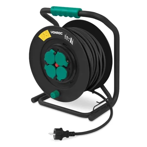 VONROC PRO 50m Kabeltrommel - IP44 Neopren Kabel H07RN-F 3x1,5 mm² - Robuste Kabeltrommel für maximale Reichweite im Garten oder auf Baustellen. Mit 4 Schukosteckdosen und integriertem Überhitzungsschutz. Ideal für den sicheren Anschluss mehrerer Geräte, spritzwassergeschützt nach IP44.