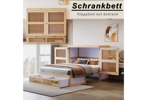 Odikalo Polsterbett Jugendbett 140x200cm mit Stauraum - Platzsparendes Schrankbett 140 x 200 cm mit Rattan-Design und integrierten Schubladen für zusätzlichen Stauraum. Ideal für kleine Räume, einfach zu handhaben und stylish.