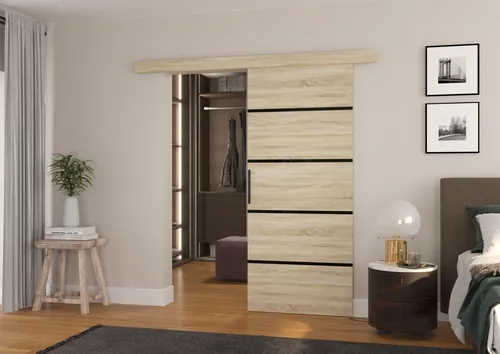 Wand-Schiebetür MULAN 86 – Sonoma mit Soft-Close - Platzsparende Wand-Schiebetür für kleine und mittelgroße Räume. Mit optionalem Soft-Close-System für sanftes Schließen. Modernes Design und robuste 16-mm-Laminatplatte sorgen für Langlebigkeit und einfache Pflege.