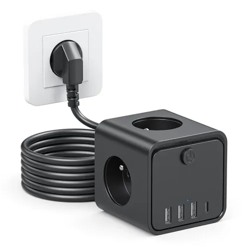 Steckdosenwürfel mit USB,7 in 1 Steckdosenleiste mit Schaltbar,3 Fach Mehrfachsteckdose mit 4 USB, Mehrfachstecker mit Save Energy-Schalter,2M Verlängerungskabel Kabel für Büro, zu Hause