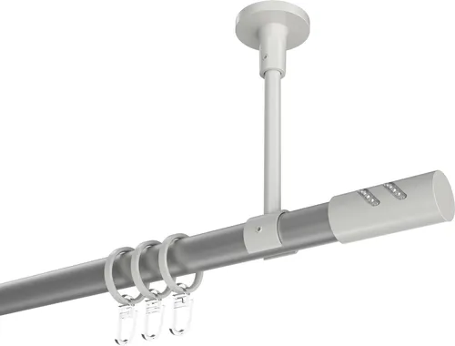 Interdeco Gardinenstange Typ Sonette Zoena, Silbergrau, 140 cm - Moderne Gardinenstange aus Metall in Silbergrau, ideal für Deckenmontage. Mit Glitzerzylinder-Endstücken und umfangreichem Zubehör für eine einfache und stilvolle Befestigung.