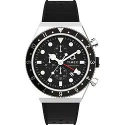 Q Timex Drei Zeitzone Chronograph Uhr TW2V70000 - Herren Armbanduhr mit 3 Zeitzonen, 50 m wasserdicht und ideal für Sportler, ausgestattet mit robustem Edelstahlgehäuse und praktischem Rubber-Armband.