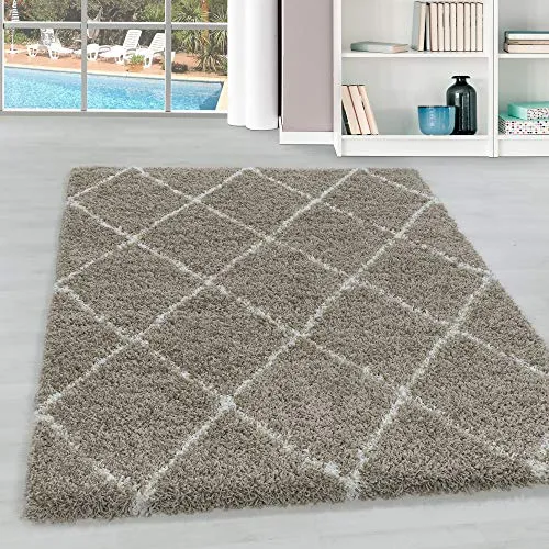 Hochflor Wohnzimmer Teppich Modern Deko Geometrisch Design Flauschiger & Weicher Langflor Shaggy Rechteckig Teppich Schlafzimmer Farbe: Beige, Grösse: 120 x 170 cm