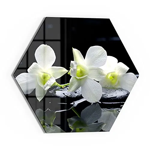DEQORI Glasbild Echtglas | Motiv Orchidee mit Zen-Steinen | sechseckig einteilig 40x34,5 cm | schöne Dekoration | Wandbild für Wohnzimmer, Schlafzimmer, Flur & Küche | moderne Wanddeko