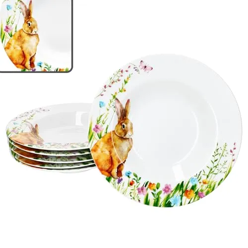 MamboCat Suppenteller 6x Osterfreude - Bunte Porzellan-Teller für festliche Anlässe - Set aus 6 tiefen Suppentellern mit fröhlichem Blumenwiesen-Dekor, ideal für Suppen, Pasta und Snacks. Robust, spülmaschinen- und mikrowellengeeignet - perfekt für Feiertage und besondere Anlässe!