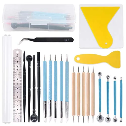 Keadic 24Stück Modelliermasse Modellierwerkzeug-Set, Malpinsel, Holz-Punktierwerkzeuge, Ball-Stylus-Werkzeug, Kunststoff-Kugelstab-Stylus Modellierwerkzeuge, Tonroller, Tonschaber für Modelliermasse
