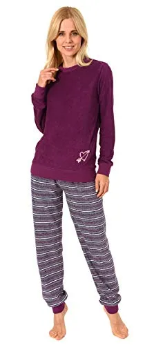 RELAX by Normann Damen Frottee Pyjama mit Bündchen - Hose gestreift, Oberteil mit Herz Motiv - 291 13 901, Farbe:rot, Größe:44/46