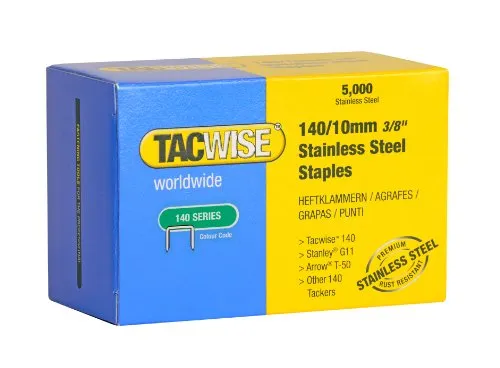Tacwise 0477 Typ 140/10mm - Professionelle Edelstahlklammern, 5000 Stück - Handwerkzeuge: Hochwertige Flachdrahtklammern mit V-förmigen Meißelspitzen für starken Halt und Korrosionsschutz bis zu 50 Jahren. Ideal für vielseitige Befestigungen in Heimwerk und Profi-Projekten.