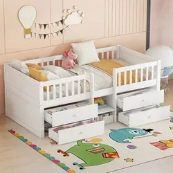 Kinderbett mit Schubladen und Lattenrost, 90x200 cm, Rausfallschutz, Holzbett, Jugendbett, Einzelbett, Kiefer - Weiß