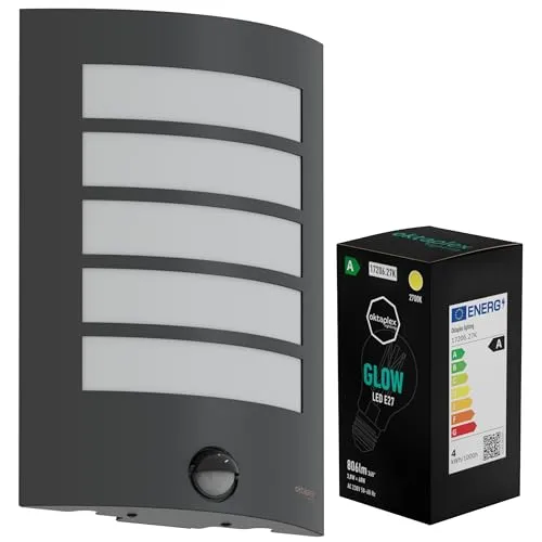 Oktaplex Alto Außenlampe mit Bewegungsmelder - Spritzwassergeschützte Wandleuchte IP44 mit E27 LED Glühbirne, 806lm, Energieeffizienzklasse A, ideal für Garten und Eingangsbereich.