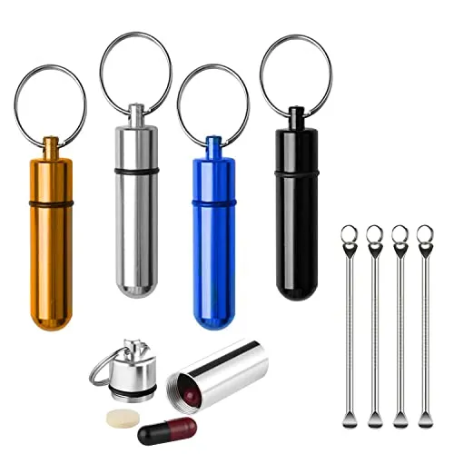 NITAIUN 4 Stück Pillendose Schlüsselanhänger Tragbare Aluminium Pillenbox mit Löffel Wasserdichte Pillenhalter Tablettendose Organizer Pille Container für Outdoor Camping Wandern Reisen (8 Stück)