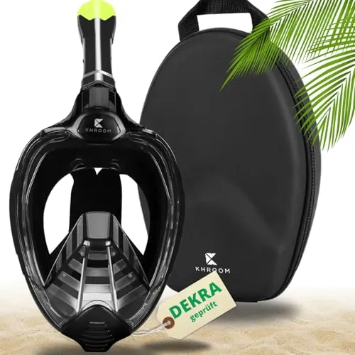 Khroom Schnorchelmaske für Erwachsene & Kinder von DEKRA geprüfte CO2 Sicherheit | Vollmaske Seaview X - Tauchmaske | Schnorchelausrüstung / Schnorchelset Alternative (S/M, Schwarz + Soft-Case)