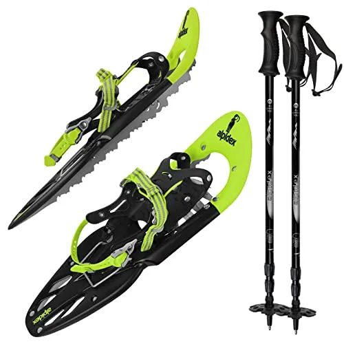 ALPIDEX Schneeschuhe 25 INCH Schuhgröße 38-45 bis 130 kg Steighilfe Tragetasche Optional Stöcke, Farbe:Lime mit Stöcken